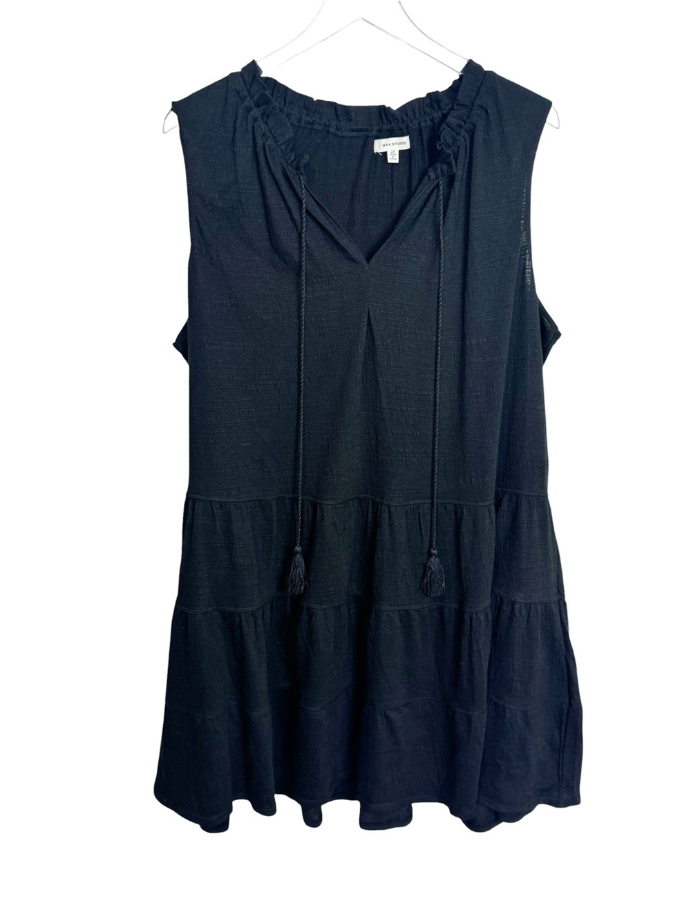 MAX STUDIO 2X Black Tiered Ruffle Mini Dress Sleeveless Flowy Cottagecore Shift